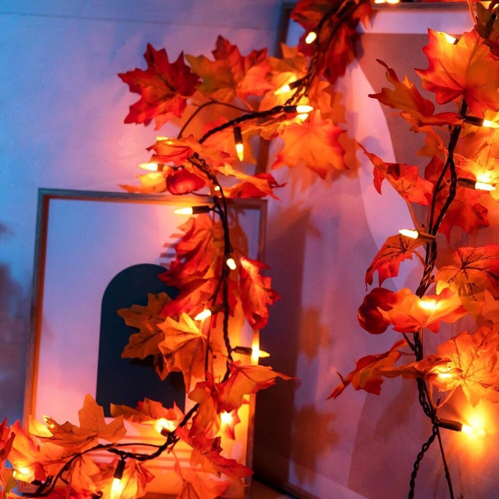 Fall Decorations 11Ft Fall Garland with Lights - 50 Bulbs Plug in Realistic Fall